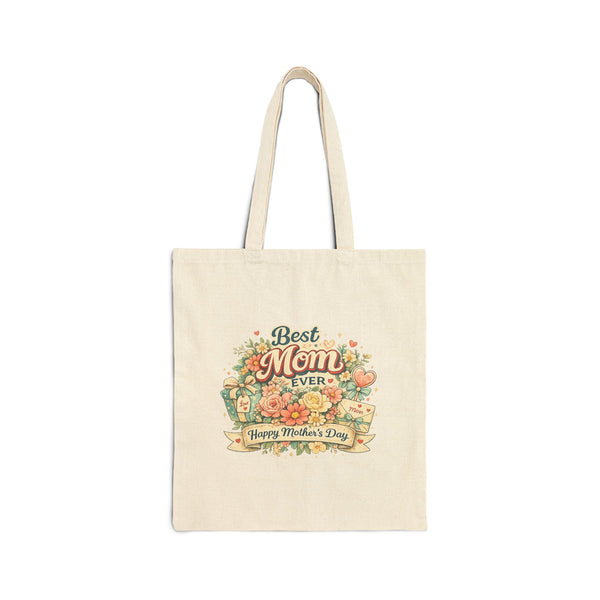 Mother's Day Floral Tote Bag — "Best Mom Ever" Cotton Canvas Tote