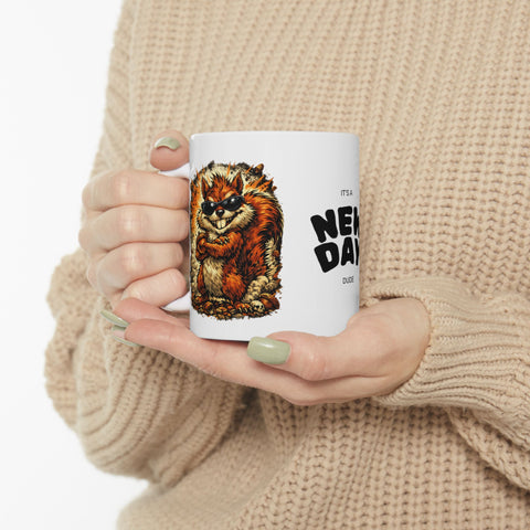 Ceramic Mug — "It's a New Day, Dude" Motivational Coffee Mug with Retro Illustration