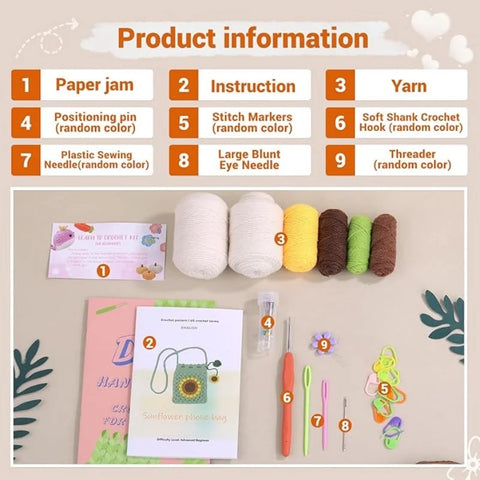 Crochet DIY Kit for Beginners Bohemian Style Sunflower Woven Bag