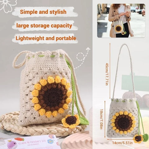 Crochet DIY Kit for Beginners Bohemian Style Sunflower Woven Bag
