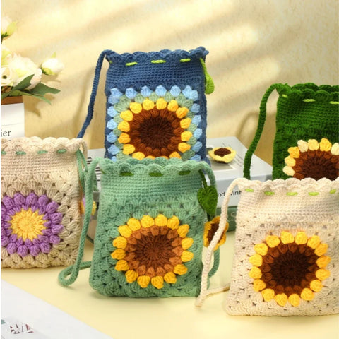 Crochet DIY Kit for Beginners Bohemian Style Sunflower Woven Bag
