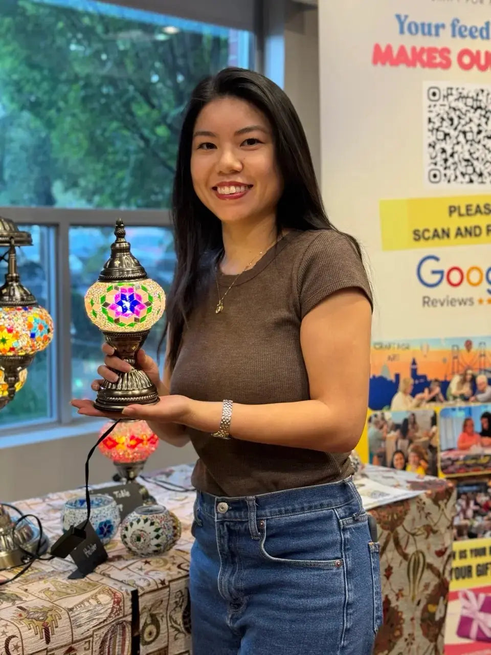 Mosaic lamp glowing in a home